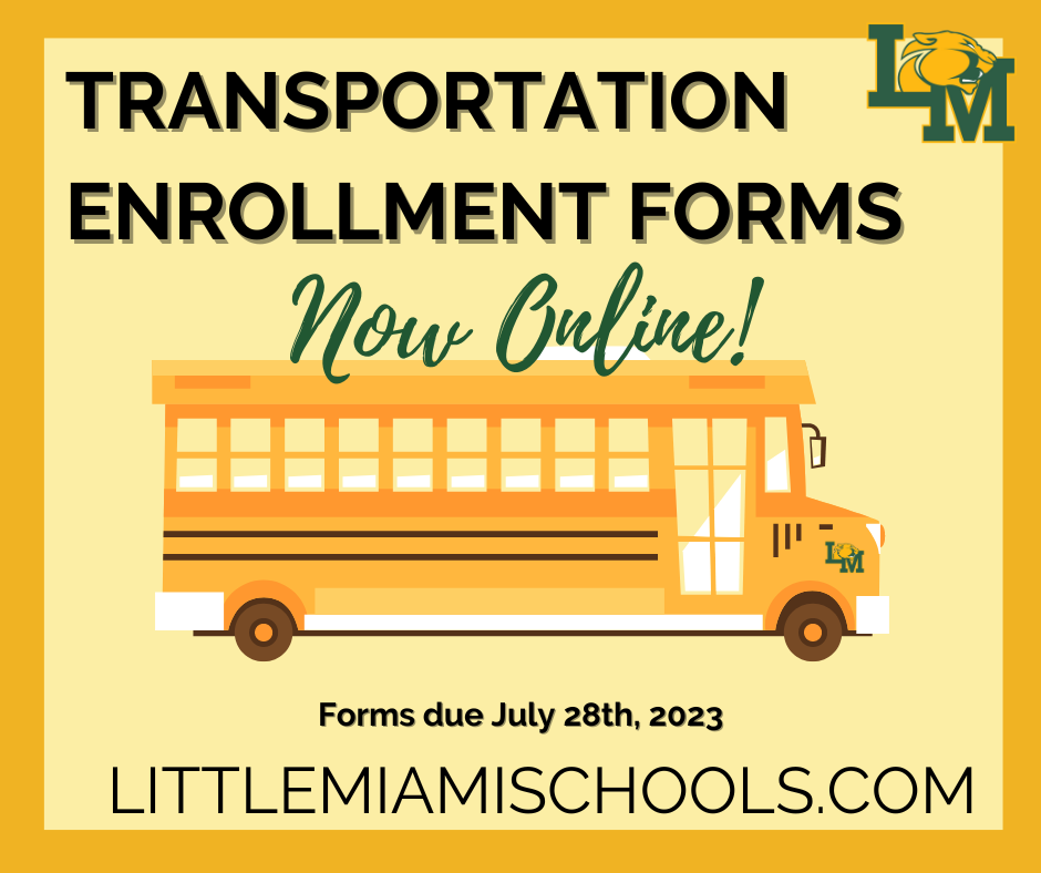 yellow school bus clip art with transportation enrollment forms wording at the top of the graphic
